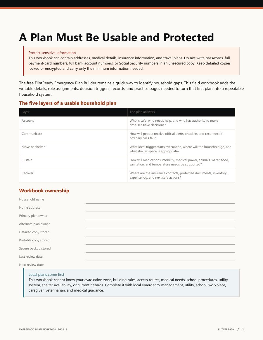 Household Emergency Plan Workbook opening guidance and planning fields